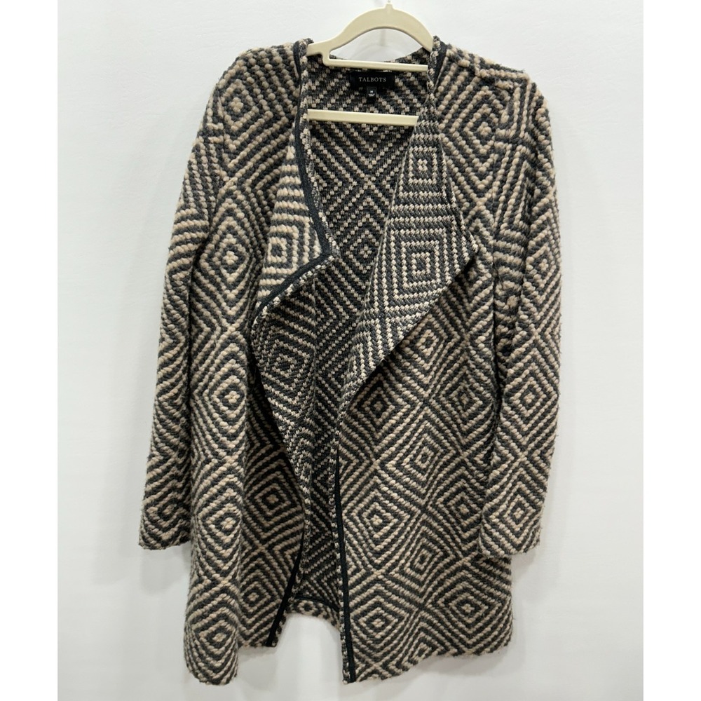 Talbots Cardigan Sweater Womens M Gray Beige Wool Blend Open Front Lagenlook